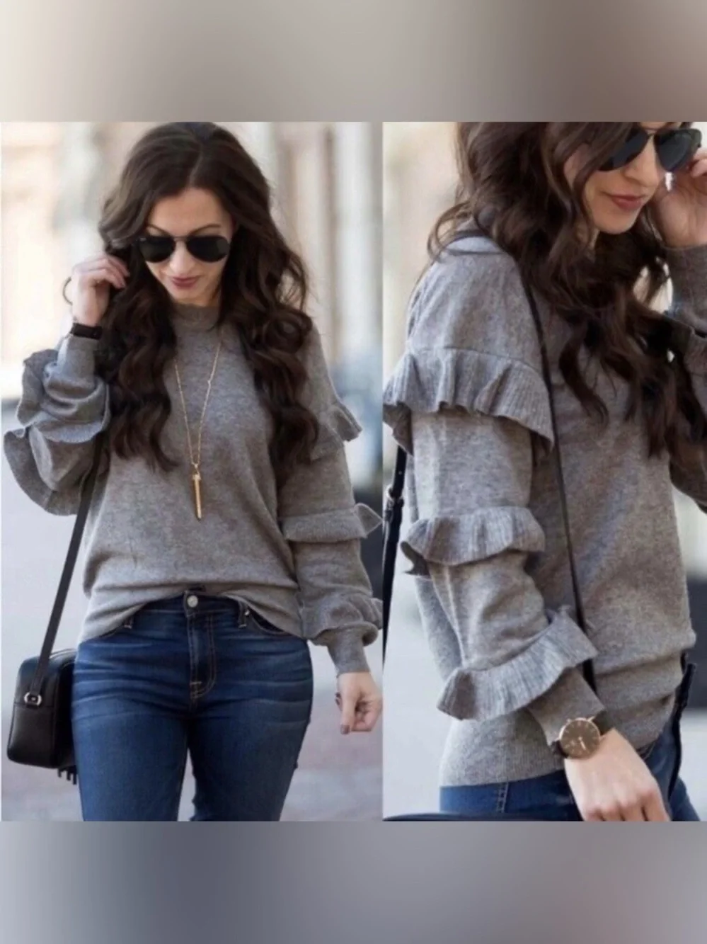 J Crew Womens Gray Crewneck Rib Trim‎ Wool Blend Long Ruffle Sleeve Sweater XS